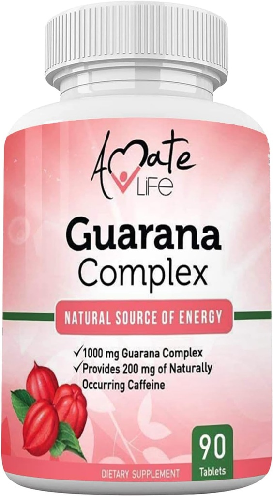 Amate Life Guarana Complex - Guarana Complex Energizer - Kofein Energizing Supplement - Zdroj energie - Doplněk pro zvýšení funkce mysli - 1000mg Guarana - 90 tablet