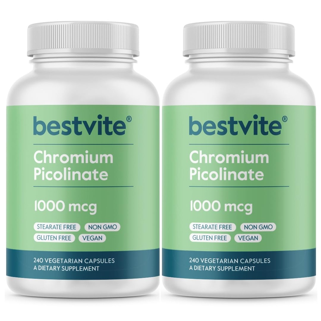 BESTVITE Chromium Picolinate 1000mcg (480 Vegetariánských kapslí) (240 x 2) - No Stearates - No Dicalcium Fosfát - Vegan - Gluten Free - Non- GMO