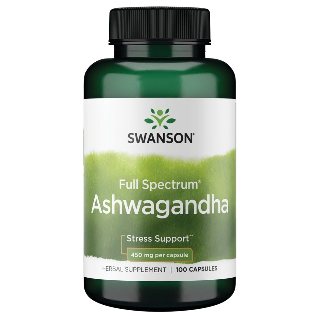Swanson Ashwagandha Powder Supplement - Ashwagandha Root & Aerial Parts - Promotes Stress Relief & Energy - Ayurvedic Supplement for Natural Wellness (100 kapslí, 450mg každý)