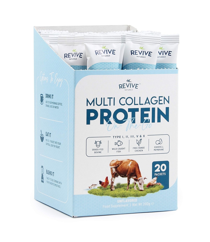 Multi kolagen protein Powder Packets - Typy I, II, III, V & X - Hydrolyzovaná tráva Fed Bovine, Wild Caught Fish, & Free- Range Chicken & Eggshell Collagen. Non- GMO, Halal, (10g každý, 20 balíčků)