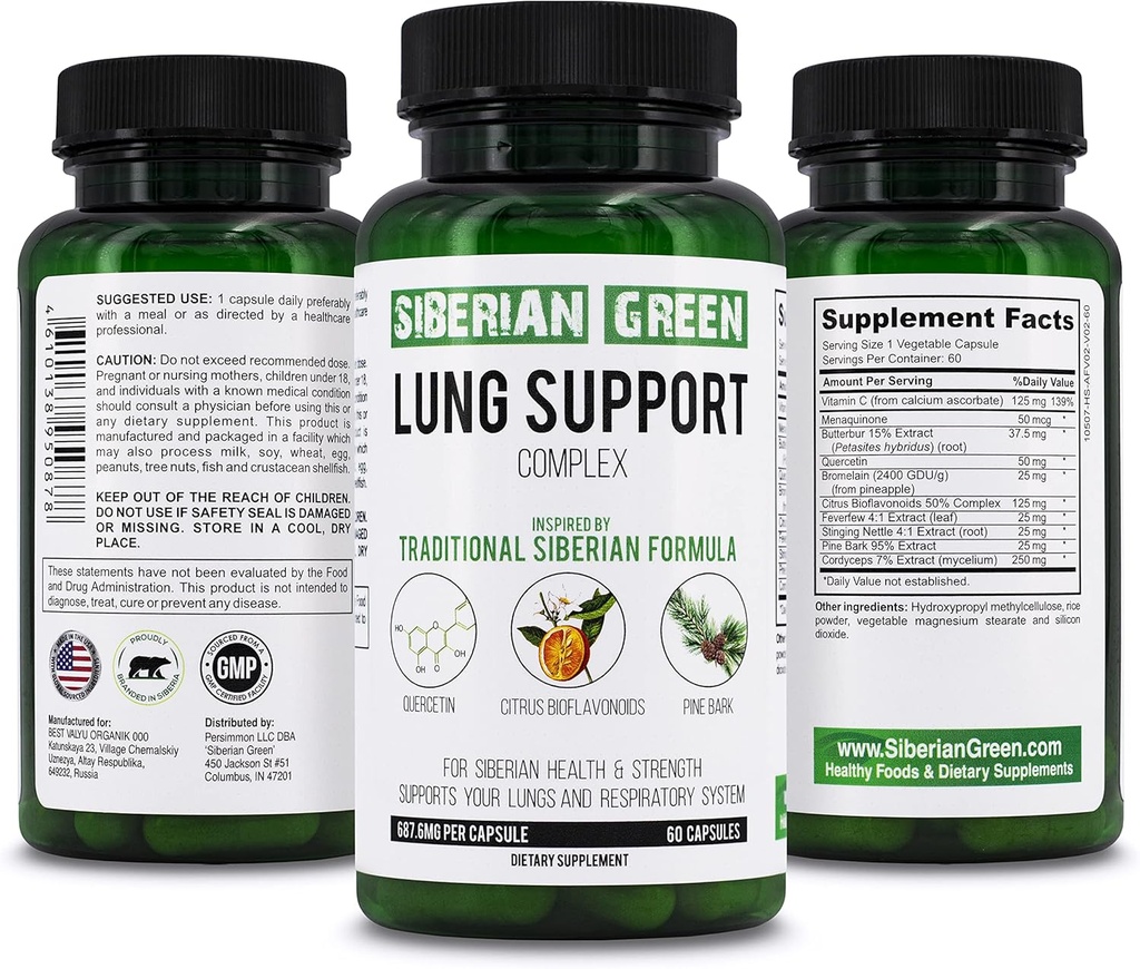 Sibiřský zelený Lung Support Complex 60 Kapsle - Tradiční doplněk vzorce bohaté na Quercetin, Citrus Bioflavonoids, Pine Bark