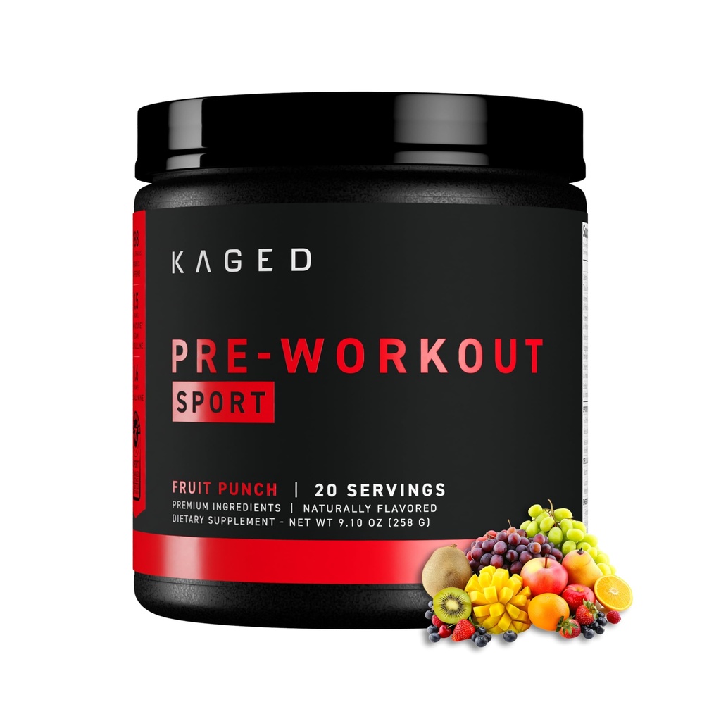 Kaged Sport Pre Workout Prášek pro muže a ženy, Ovocný punč, Sport Certified, 188mg kofein, oxidy dusíku dodatek, Beta Alanin pro energii, Váhy, Cardio Endurance & Strength, 20 Služeb