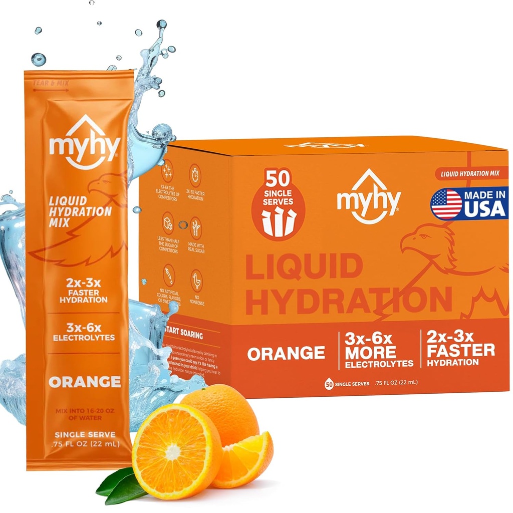 MyHy Liquid Hydration Packets, Electrolyte Drink Mix pro dospělé a děti Hydratační podpora, Dehydratace Relief pro cestování, Těhotenství, Fitness, Bachelor & Bachelorette Party - Orange, 50 Počet