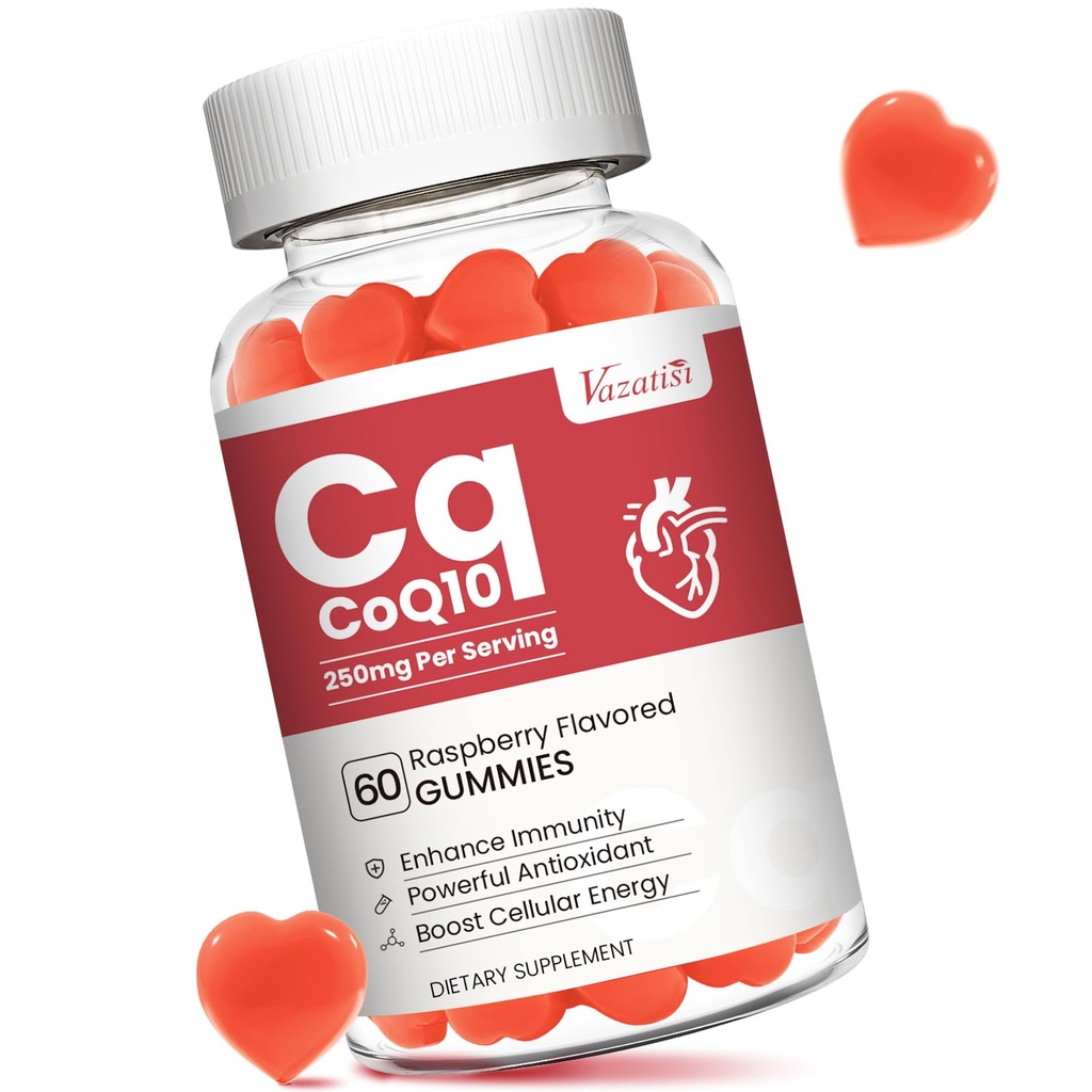 Vysoká absorpce CoQ10 Gummies 250 mg, Plus Omega-3, Vitamin B3 pro celulární energii, Brain & Antioxidant, 5X Lepší absorpce Coenzym Q10 dodatek, Malina ochucená - 60 Cts