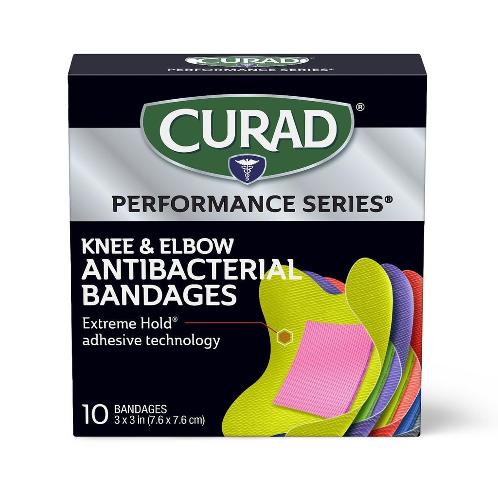 CURAD Performance Series IRONMAN Antibakteriální obvazy, Extreme Hold Adhesive Technology, Knee & Elbow 3 palce x 3 palce, 10 Hrabě, Ideální pro kusy, škrabky, sportovní, a aktivní životní styl