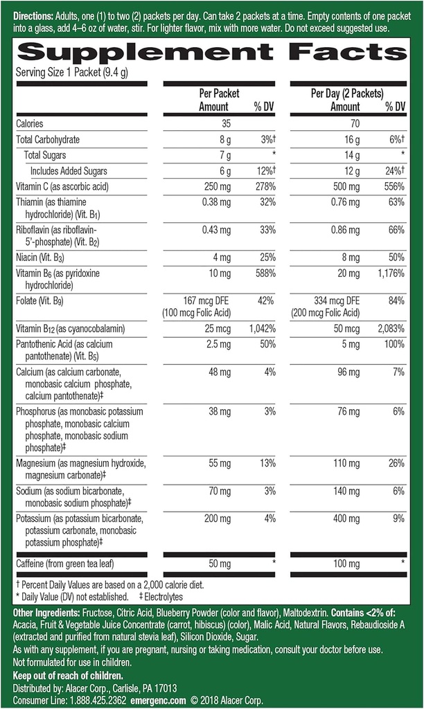 Emergen- C Energy +, S B vitaminy, vitamín C a přírodní kofein ze zeleného čaje (Blueberry Acai Flavor) Dietní doplněk nápoj mix, 0.33 Ounce Powder Packets (Balení 18)