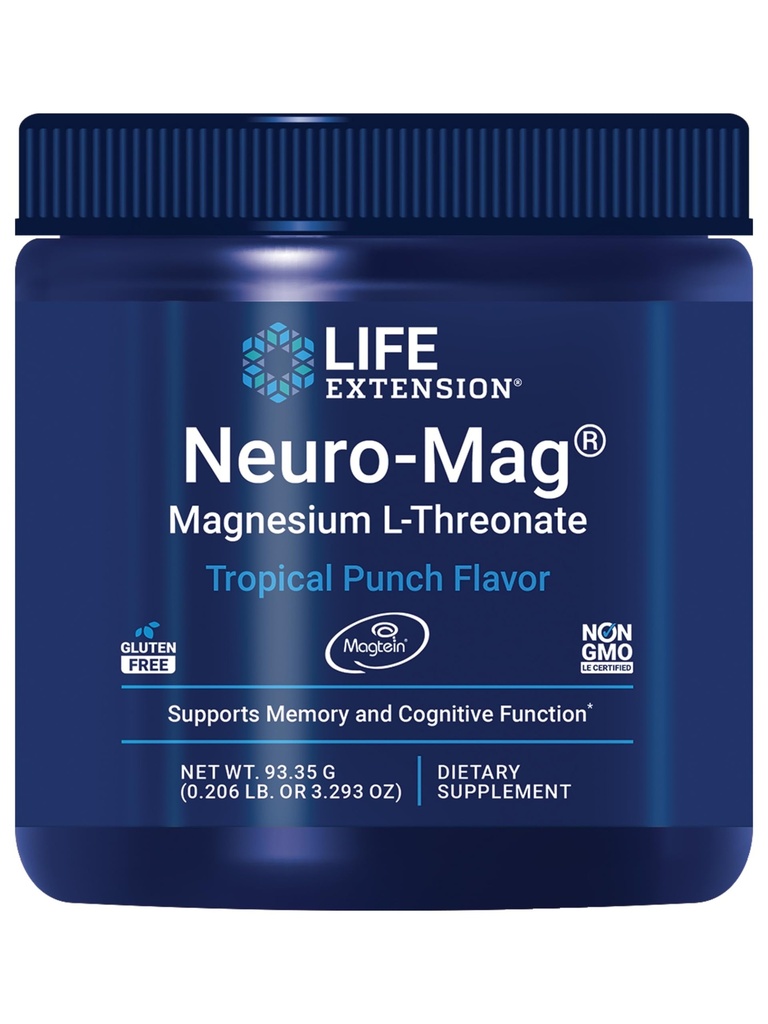 Life Extension Neuro- Mag Magnesium L- Threonat Powder (Tropical Punch) - Ultra- Absorbovatelné hořčík - Podporuje paměť, soustředění, kognitivní funkce a mood - Gluten free, Non- GMO, Vegetarian (30 Služeb)