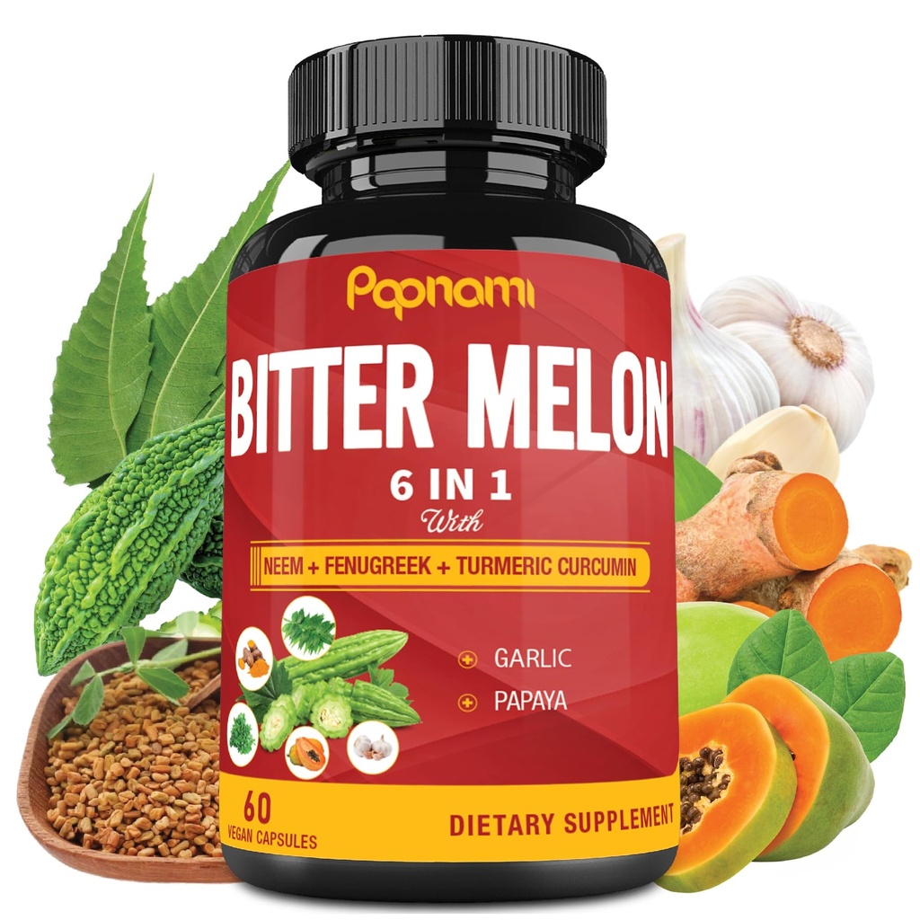 Organic Bitter Melon Extract Kapsle - 60 pilulky 2 měsíce - Kombinovaný Neem, Fenugreek, Curcumin, Česnek & Papaya