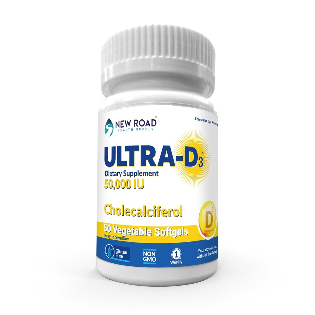 New Road Health Supply, High- Potency Vitamin D3 50,000 IU, One-Týdenní Softgel, Podporuje kosti, zuby & imunitní zdraví, Easy- to- Swallow, Gluten- Free, 50 Počet