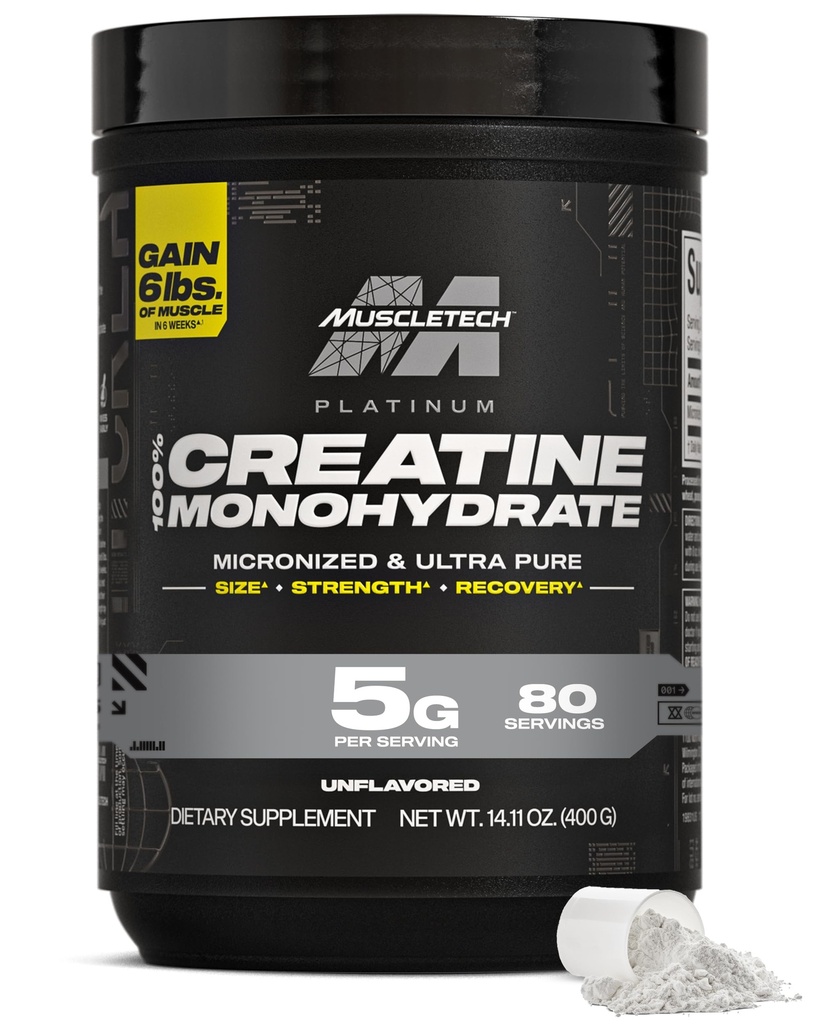 MuscleTech Creatine Monohydrát Powder, Platinum Pure - Neochucené Mikronizované Creatine pro muže a ženy - Cvičení doplňky pro výkon, Muscle Recovery & Builder- (80 Služeb) Balení květen Vary