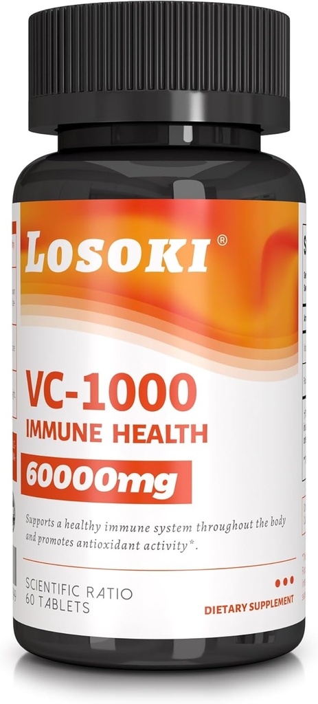 Losoki VC 1000 - Vysokodávkové vitamíny C doplňky pro imunitní podporu a antioxidační ochranu - Buffered Formule s práškem Rose HIPS - 60 Tablet
