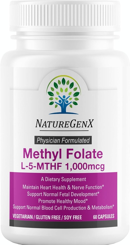 Methylfolát MTHRF dodatek - 1000 mcg Bioactive Vitamin B9 (5-MTHF) - Podporuje těhotenství a zdraví plodu - 60 Kapsle - gluten- bez