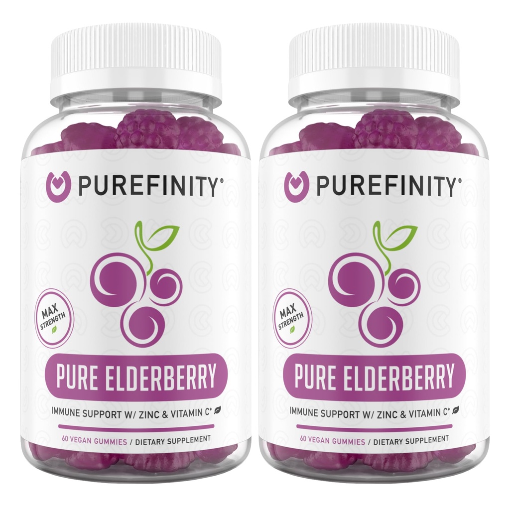 PUREFINITY Elderberry Gummies s Sambucus, Vitamin C, a zinek - Váš perfektní denní 3-in-1 dodatek pro děti a dospělé - gluten zdarma, Non- GMO, Vegan, 60 Počet (balení po 2)