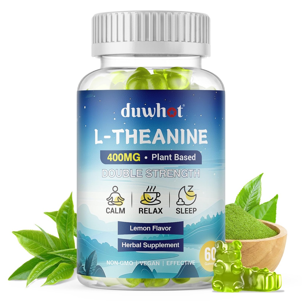 L- Theanine Gummies 400mg, Žvýkací Theanine Dodatek pro dospělé a děti 4 +, Přírodní stres Relief, zzZ & Focus Dodatek, Vegan, Nízký cukr, Non- Drowsy, Lemon Flavor, 60 Žvýkací materiály
