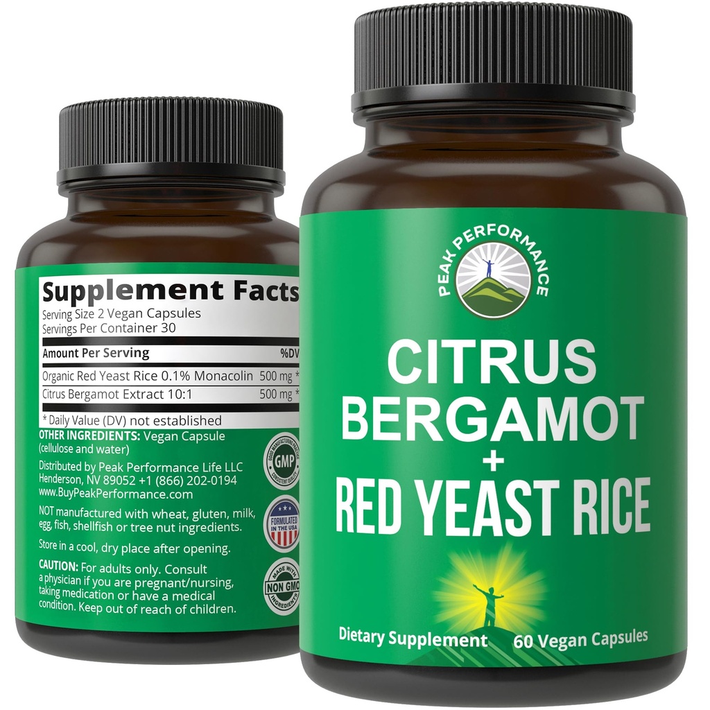 Citrus Bergamot + Red Yeast Rice. 2-in-1 Dodatek. Vysoká síla 10: 1 Bergamot extrakt. No Gluten, Nulový cukr, Veganské kapsle