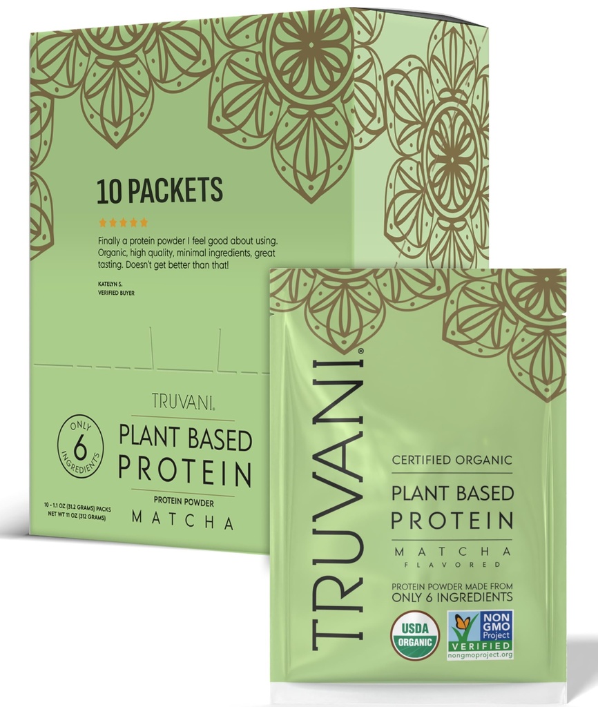 Truvani Vegan Pea Protein Powder 124; Matcha 124; 20g Organic Plant Based Protein 124; Single Serving Travel Packets 124; 10 Servingů 124; Keto 124; Gluten a mléčné výrobky zdarma 124; Nízký karb 124; No Add Cukr