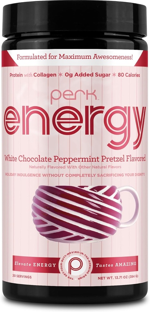 Perk Energy Original White Chocolate Peppermint Pretzel Drink Mix (20 Servings) - gluten Free, Soy Free, Peanut Free