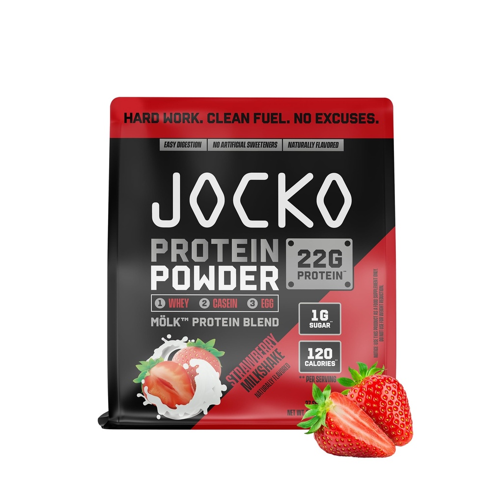 Jocko Fuel Mölk Syrovátkové bílkoviny Powder 22g Nízký cukr Monek Ovoce Směs - Muscle Recovery & Growth, Balení květen Vary (27 Doručování, Jahodový mléčný koktejl)