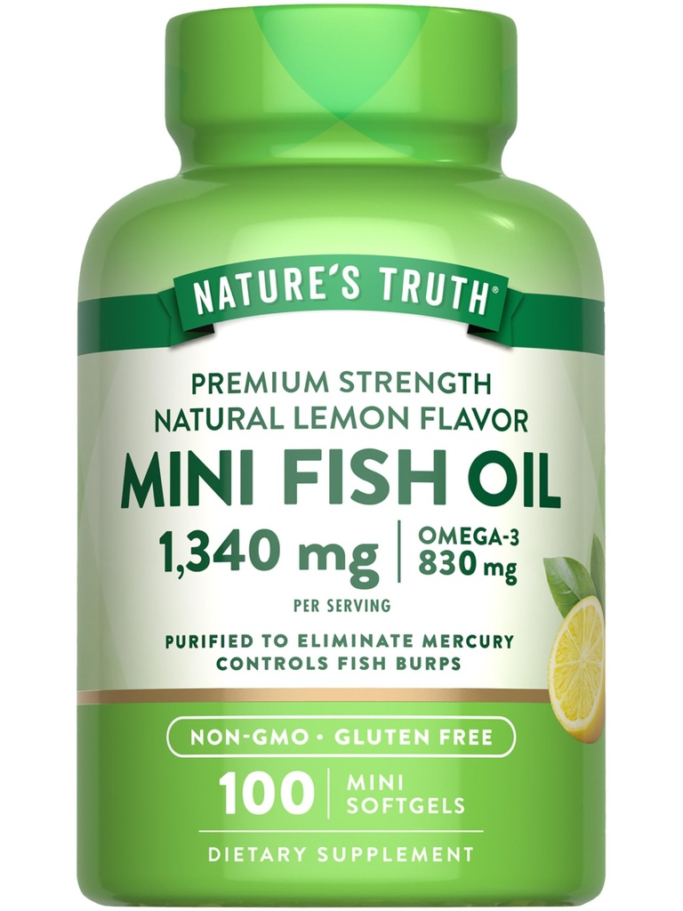 Nature 's Truth Mini Fish Oil Omega 3 Omega 124; 1340 mg Omega 124; 100 Softgels Omega 124; Burless Lemon Flavor Omega 124; Non- GMO & Gluten Free Supplement