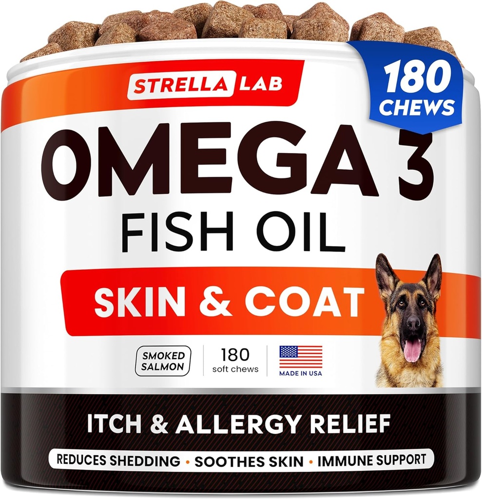 StrellaLaLaLab Omega 3 pro psy - (180Ct) Fish Oil Treats - Alergie & Itch Relief Skin & Coat Supplement - Suchá ltchy Skin, Anti Shedding & Hot Spots Treatment - Pet Salmon Oil Chews - Smoked Salmon Flavor