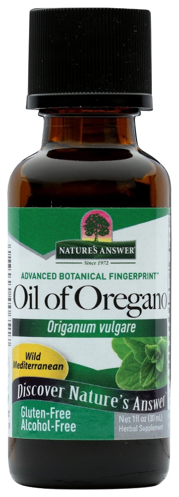 Nature 's Answer Oil of Oregano Leaf OF 124; Podporuje zdravé střevní a stravitelné funkce OF 124; Podporuje celkově dobré zdraví a wellness OF 124; Gluten- Free, Alkohol- Free & No Preservatives 1oz