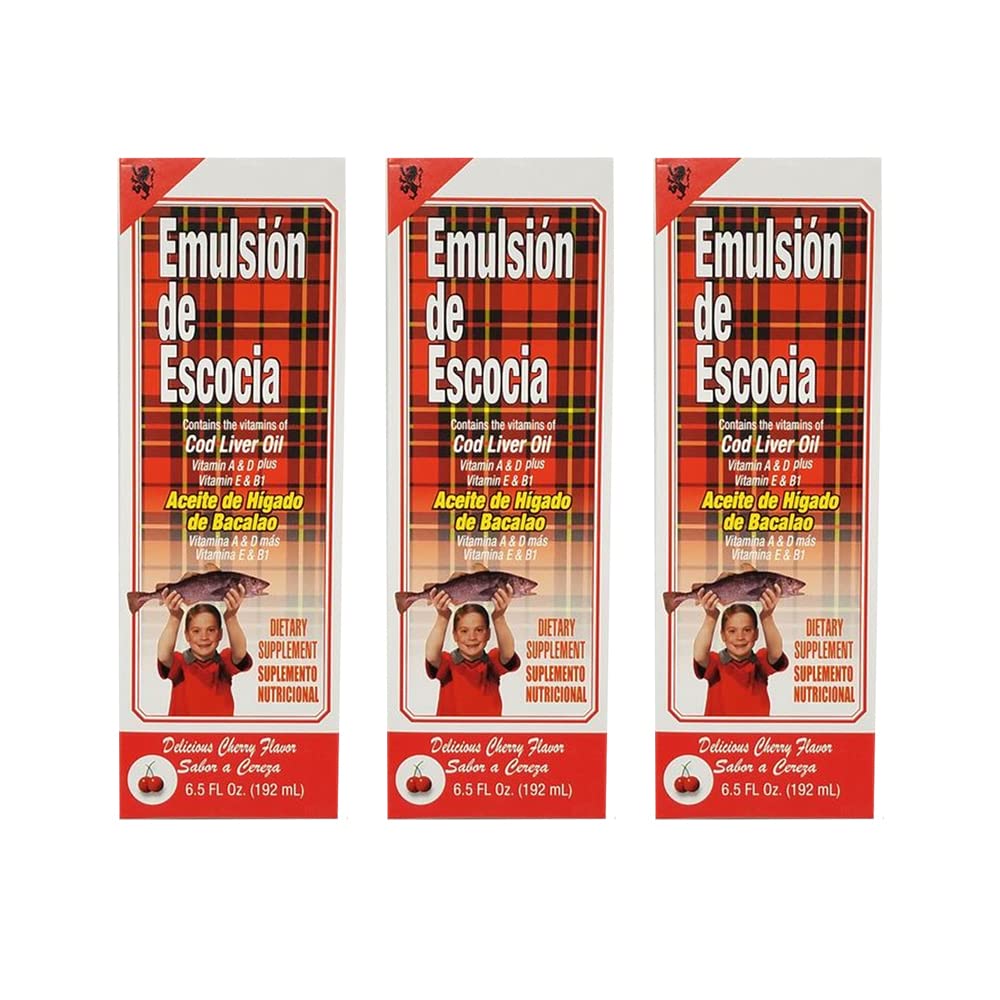 Emulsion de Escotia Cod Játra olej doplněk stravy. Bohaté na Vitamíny A, D, E a B1. Cherry Flavered. 6.5 Fl Oz / 192 ml. Balení po 3 ks