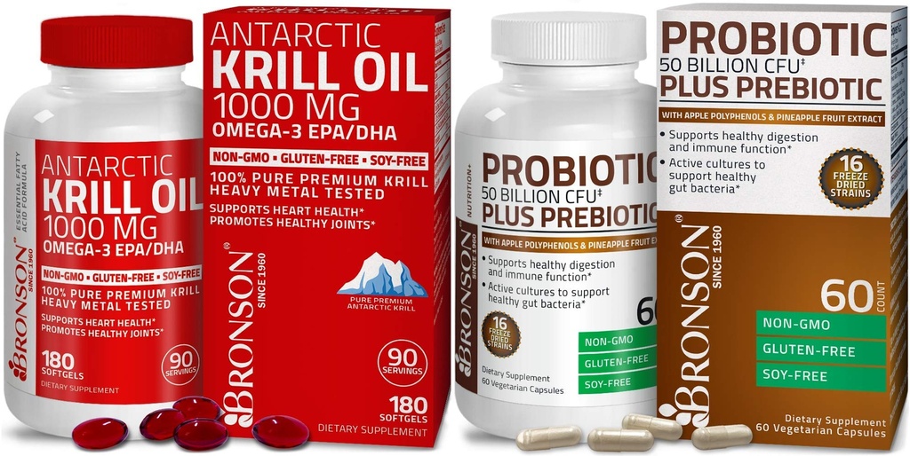 Bronson Probiotic 50 miliard CFU + Prebiotic s jablečnými polyfenoly a ananasem Extrac Antarktický krilový olej 1000 mg s Omega- 3s EPA DHA