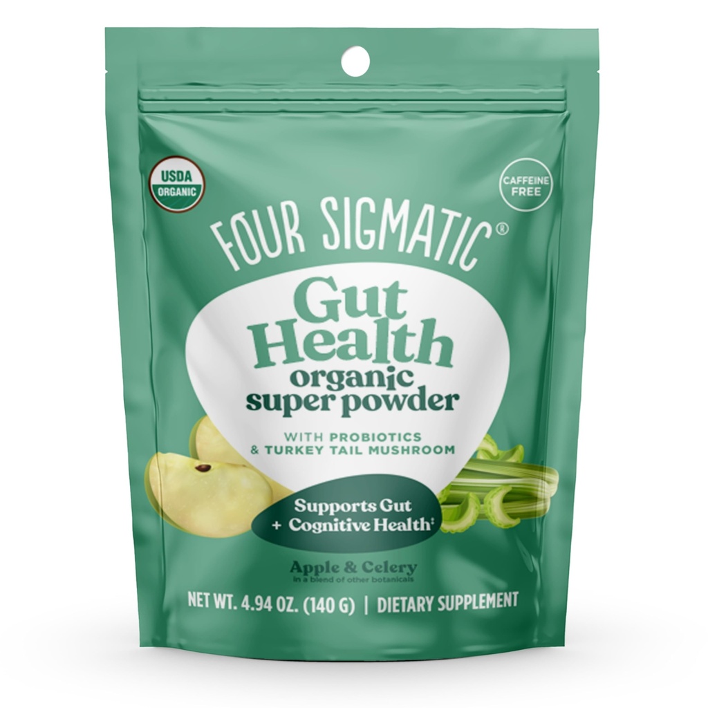 Čtyři Sigmatic Organic Greens Powder 124; Green Superfood Powder with Probiotics & Prebiotics OF 124; Super Green with Moringa, Chaga & Turkey Tail Oil OF 124; (4.94 oz.)