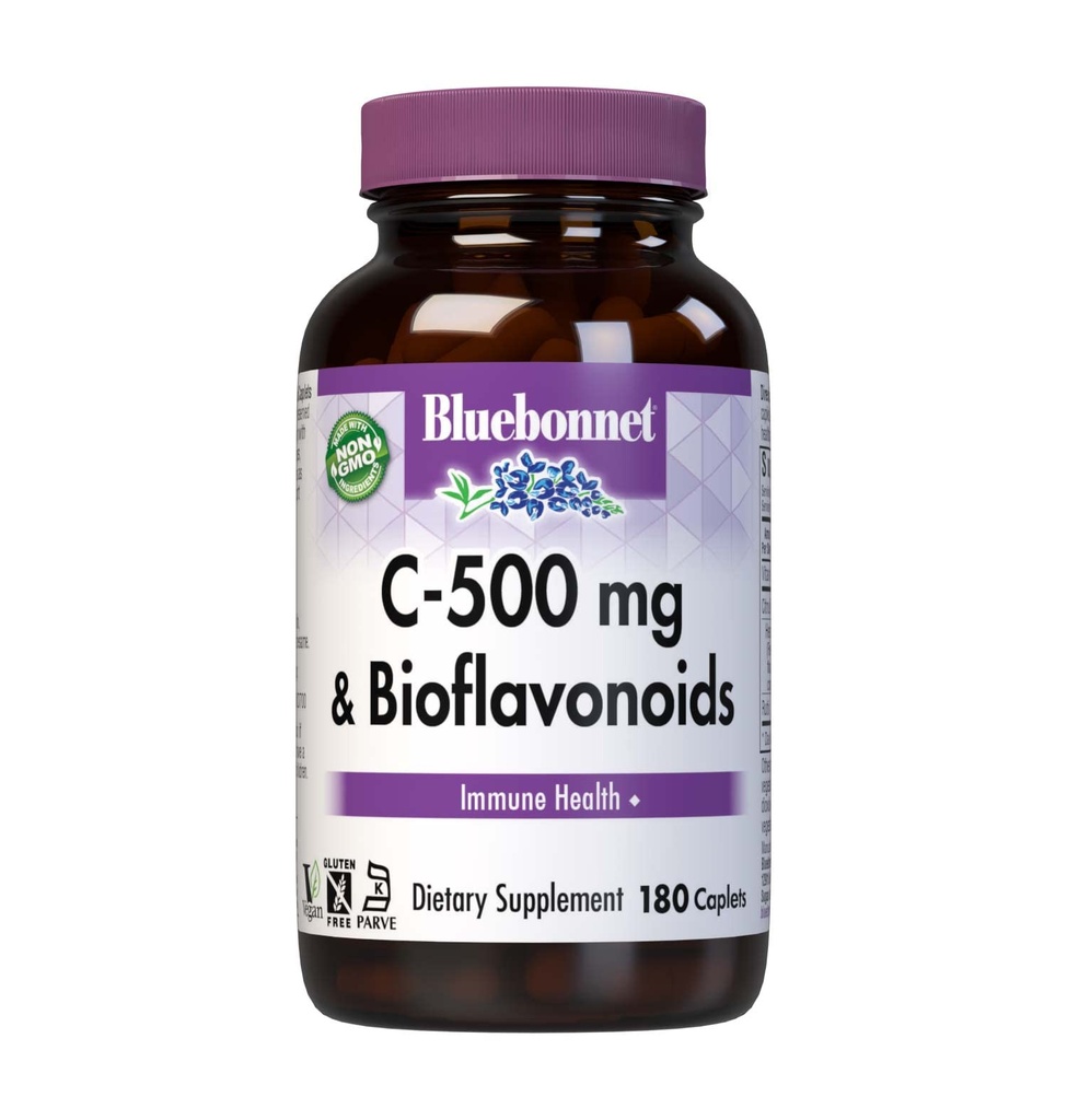 Bluebonnet Nutrition C- 500 mg Plus Bioflavonoids Caplets, Vitamin C 500 mg, Citrus Bioflavonoids 250 mg, pro imunitní zdraví, Soy Free, Gluten Free, Non- GMO, Kosher, Dairy Free, Vegan, 180 Caplets