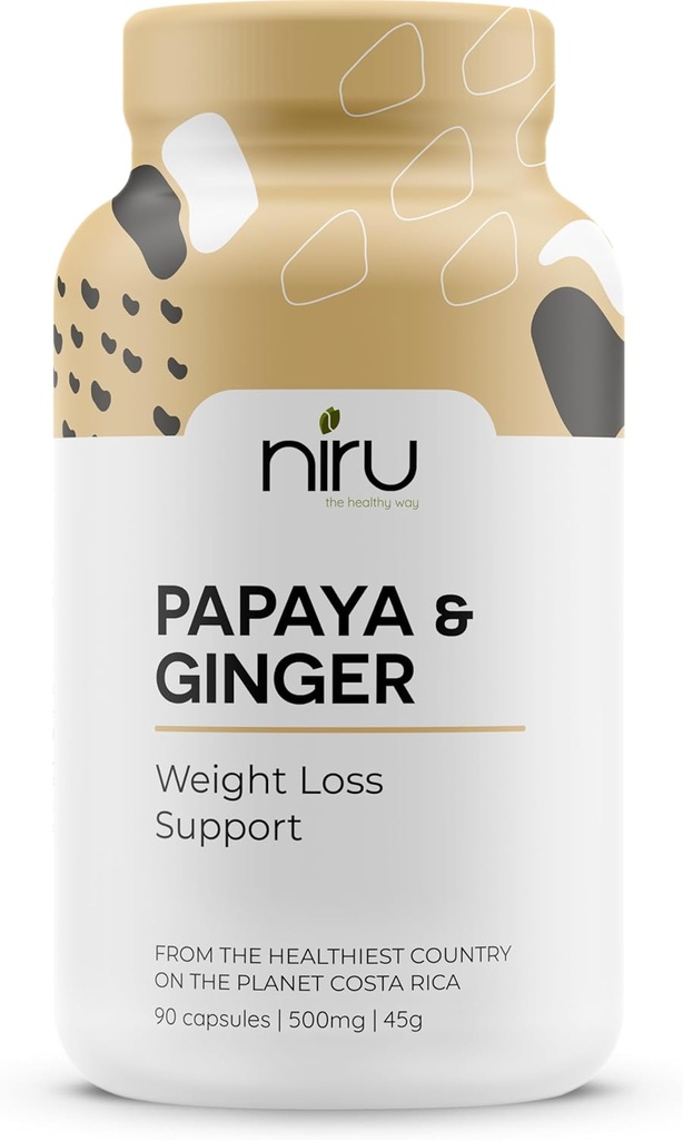 Papaya Ginger de Costa Rica - Niru Life. Blue Zone Papaya Ginger Kapsle. Semínka Papaya a zázvorová směs. Trávicí podpora, Detox, & Metabolismus Boost. 90ct. 500mg Caps.