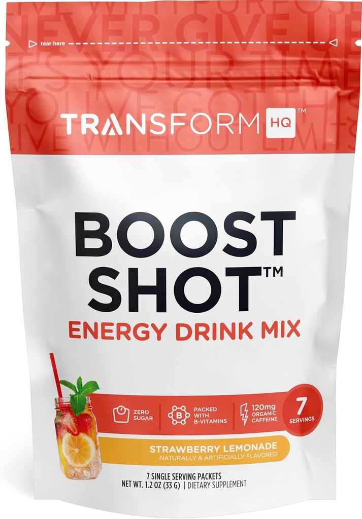 TransformHQ zvýšení Shot Powder Drink Packets, Strawberry Lemonade, 7 Pack, Energetické doplňky pro ženy a muže, s kofeinem, vitamín B12, B9, B6 & B3