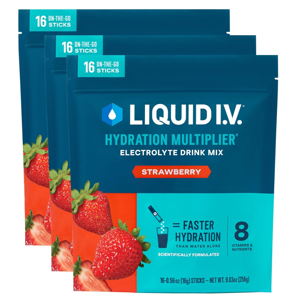 Liquid I.V. ® Hydration Multiplier - Jahoda 124; Electrolyte Powder Drink Mix 124; 3 balení (48 porcí)