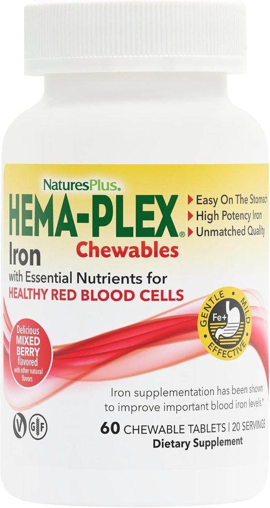 Natures Plus Hema- Plex Iron - 60 Mixed Berry Chewables - 85 mg Elemental Iron - Total Blood Health - with Vitamin C & Bioflavonoids - Non- GMO, Vegan & gluten Free - 20 Služeb