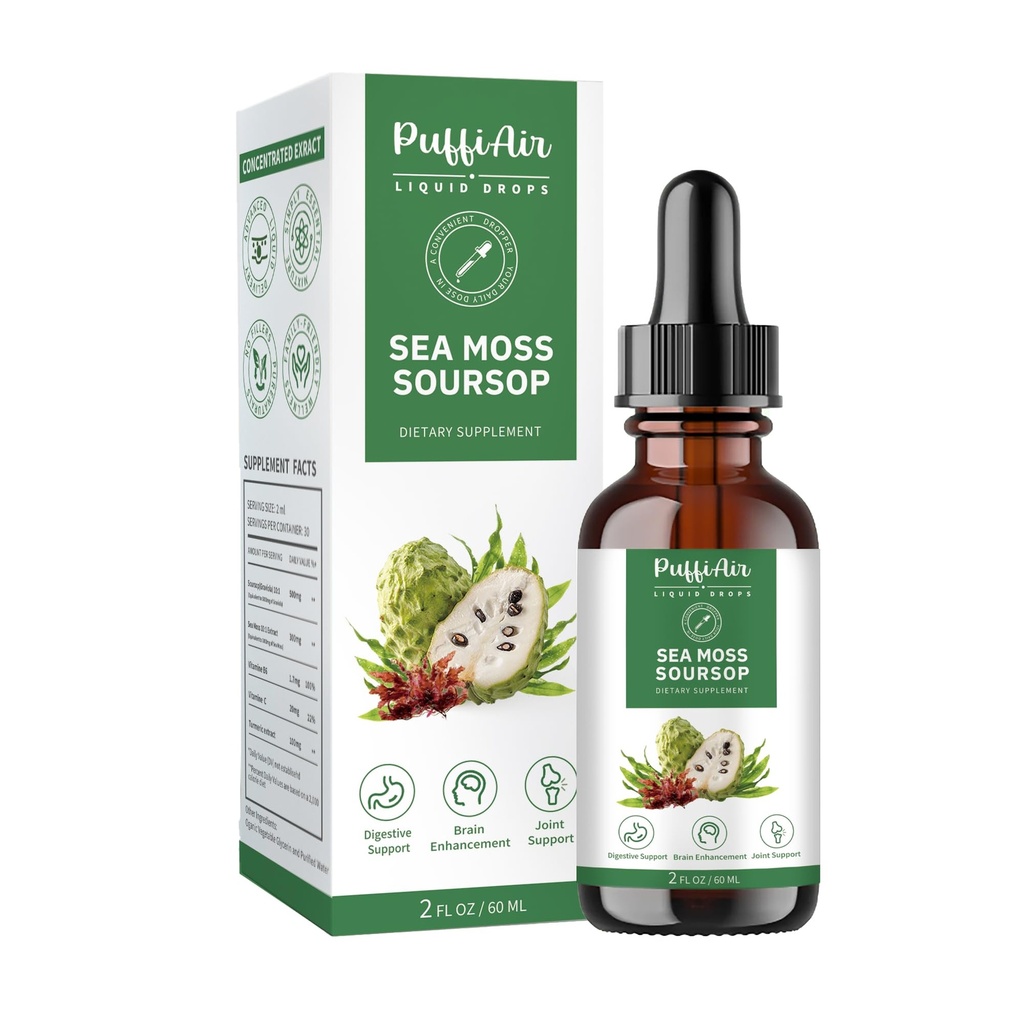 PUFFIAIR Soursop (Graviola) a Moss tekutý kapka pro buněčnou podporu a regeneraci, imunitní boost, Relax, Játra a spánek, Bylinný extrakt, cukr / gluten zdarma, přírodní Flavor, 2 Fl Oz / 60ml