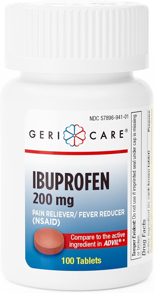 GeriCare Ibuprofen 200mg Pain Reliever and Fever Reducer - Tablety pro bolest hlavy, nachlazení, bolesti zubů a společné bolesti 100 Počet (balení po 1)