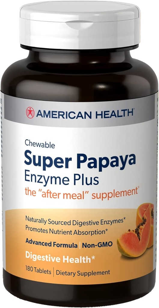 American Health Super Papaya Enzyme Plus - 180 Žvýkací tablety - After-Meal dodatek - Non- GMO - 60 Služeb