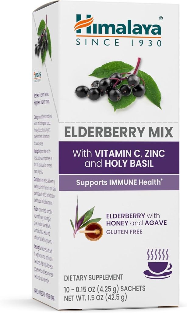 Himalaya Elderberry Mix, Nápoj Mix Dodatek, Imunitní podpora s Elderberry, zink, vitamín C a svatý bazalka, kofein zdarma, 10-0,15 oz (4.3 g) Pakety, snadné míchat, gluten zdarma