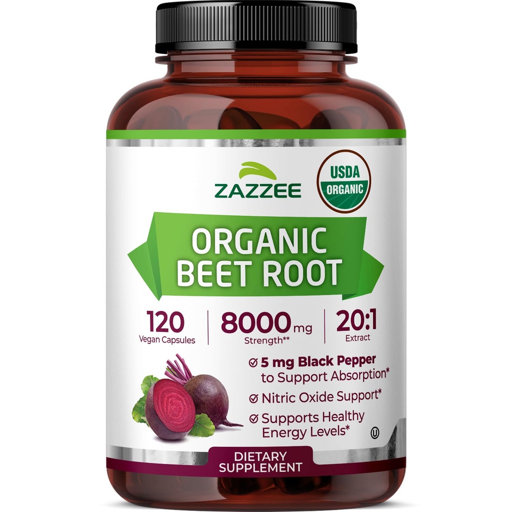 Zazzee USDA Organic Beet Root 8000 mg Strength 20: 1 Extract, 120 Vegan Quick Release Capsules, Black Pepper Extract for Enhanced Absorption, Supports Nitric Oxide Production, Non- GMO, Made in USA