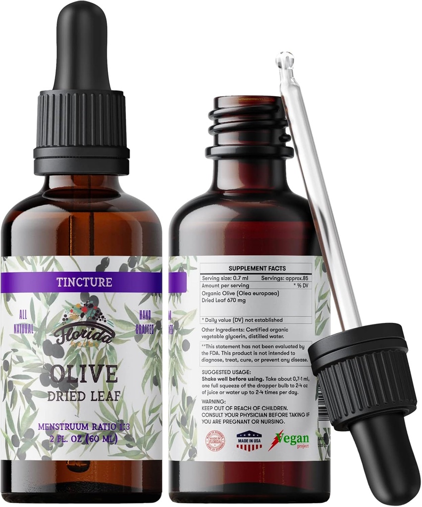 Organic Olive Leaf Tincture, Olive Extract Liquid (Olea ņea) Sured Leaf Herbal Supplement, Non- GMO in Cold- Pressed Organic Zeleninové Glycerin, 700 mg, 2 oz (60 ml)