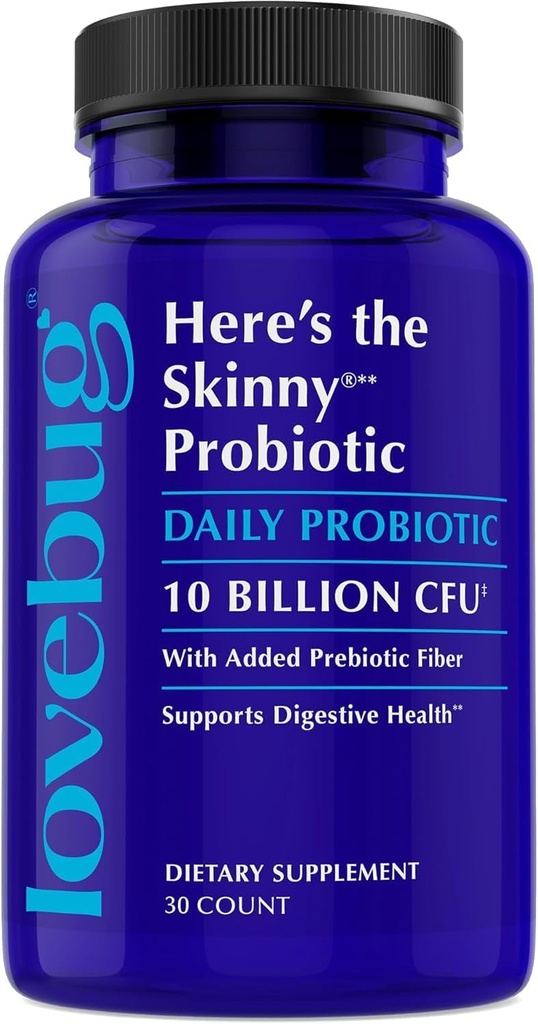 Lovebug Skinny Prebiotika a Probiotika pro ženy Stravovací zdraví a imunitní podpora - 10 miliard CFU Probiotické proužky Gut zdraví, plyn, zácpa & Bloating, 30ct