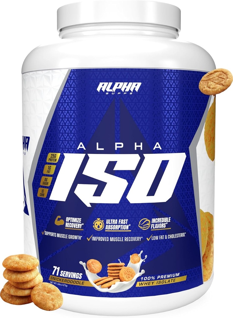 Alpha Dodává ISO, Nízký karb 100% syrovátkový protein izolát prášek, 25 gramů per servírování, pomáhá podporovat růst svalů, nízký cukr a gluten zdarma (Snicker Doodle, 5 liber)