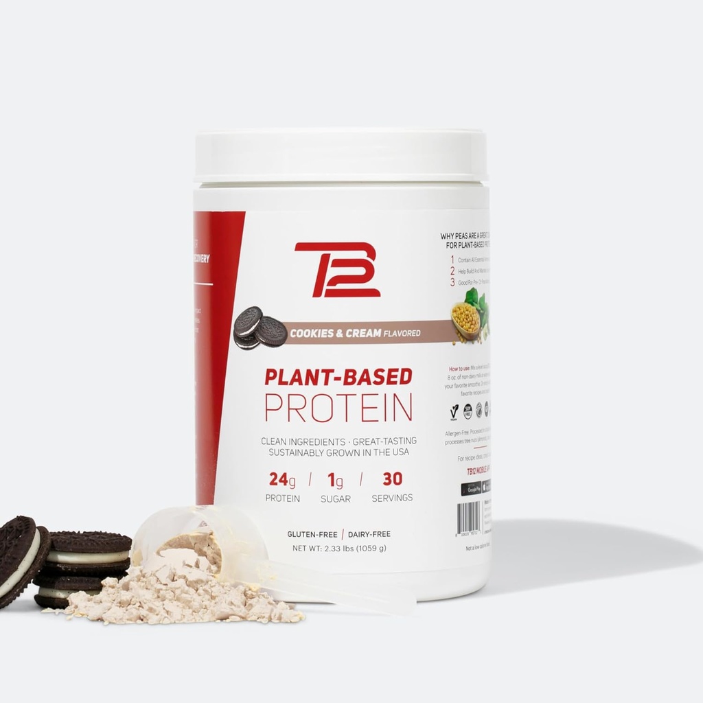TB12 Plant Based Protein Powder by Tom Brady, 24g Vegan Pea Protein, Nízký cukr, Nízký karb, Non- GMO, Strava náhrada, Keto Friendly, Paleo, Cukr zdarma, Cookies a Cream Flavor (30 Služeb)