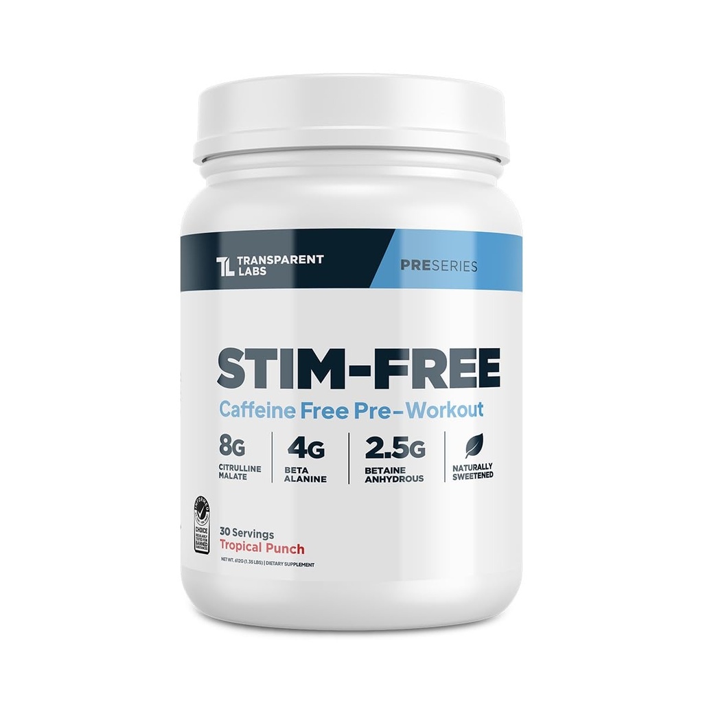 Transparentní Labs Stim- Free Pre- Workout - Kofein & Stim zdarma PředWorkout Prášek pro muže a ženy s Beta Alanin Powder, Citruline Malate, & elevaTP - 30 Služební, Tropické Punch