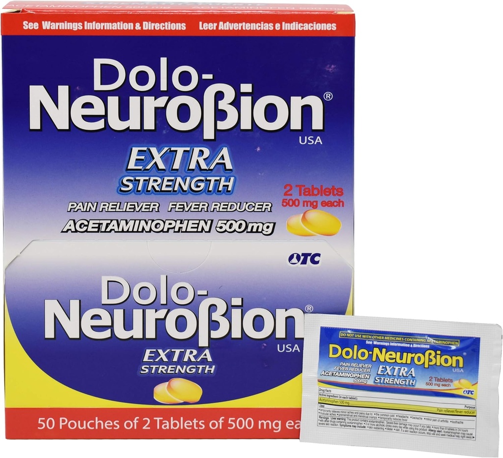 Neurobion Dolo Pain Reliever, Fever Reducer, Extra Strength, Fuerte, Amelia el Dolor, Reduce la Fiebre Dispenser 50 x 2 tablety
