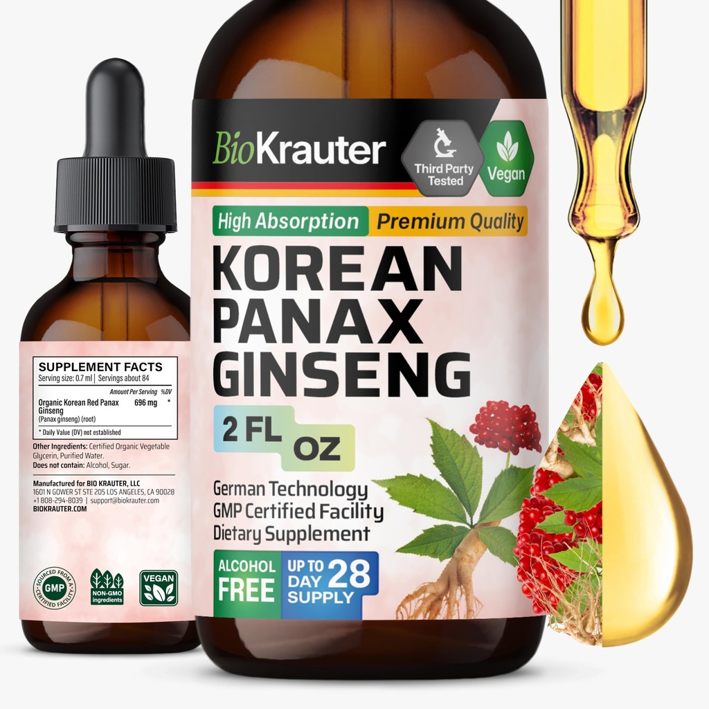 BIO KRAUTER Panax Ginseng Extract Liquid - Korean Red Ginseng Dodatek Alkohol Free - Imunitní podpora - Vegan, Cukr Free - 2 Fl.Oz.