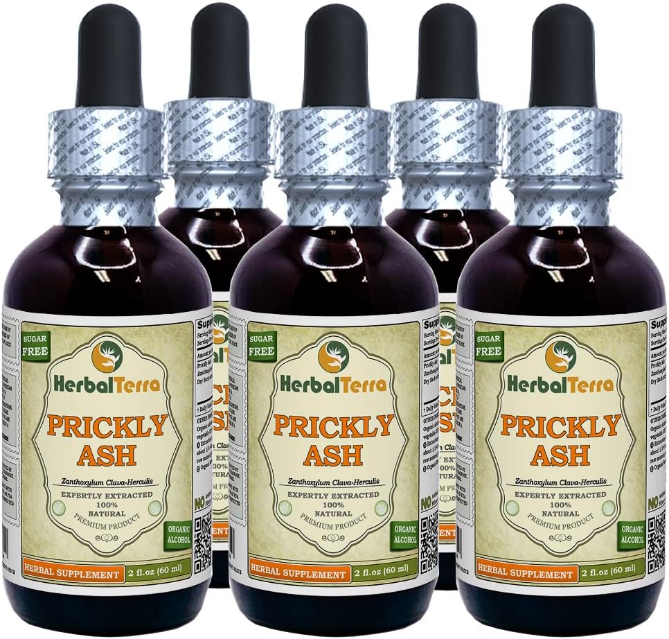 Pikantní popel (Zanthoxylum Clavaherculis), tinktura, sušený tekutý extrakt ze štěrku (značka: HerbalTerra, Proroudly Made in USA) 5x2 fl.oz (5x60 ml)