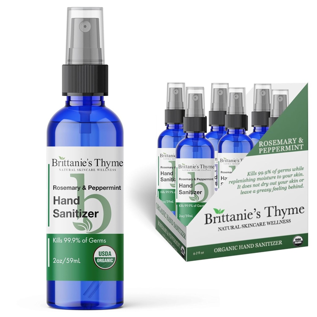 Brittanie 's Thyme Organic Travel Hand Sanitizer Spray, Rosemary & Peppermint 2oz 6 Počet 124; Vitamin E Aloe Moisturizing PHARMA124; Nemastné a obnovuje vlhkost a nurishs kůže