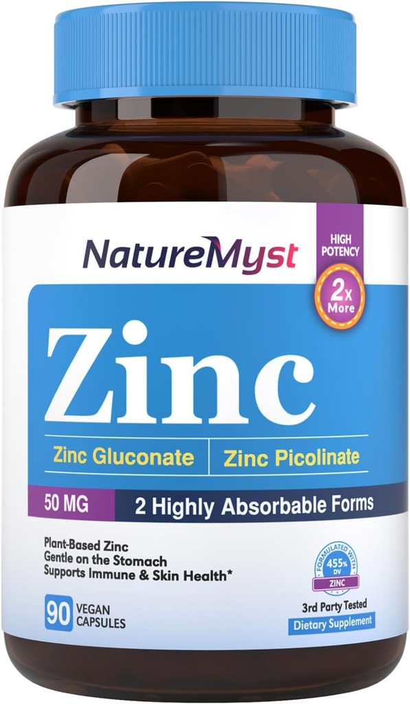 Zinek, Vysoce absorbovatelný zinečnatý glukonát a zinečnatý pikolinát, 50 mg elementárního zinku, jemný na žaludku, imunitní, buněčné a kožní zdraví, 90 Vegan Caps