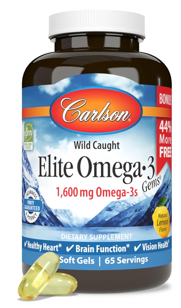 Carlson - Elite Omega33 Gems, 1600 mg Omega33 mastné kyseliny včetně EPA a DHA, norské, Wild- Catched Fish Oil Dodatek, Udržitelně sourced Omega 3 Rybí oleje Kapsle, Lemon, 130 Softgels