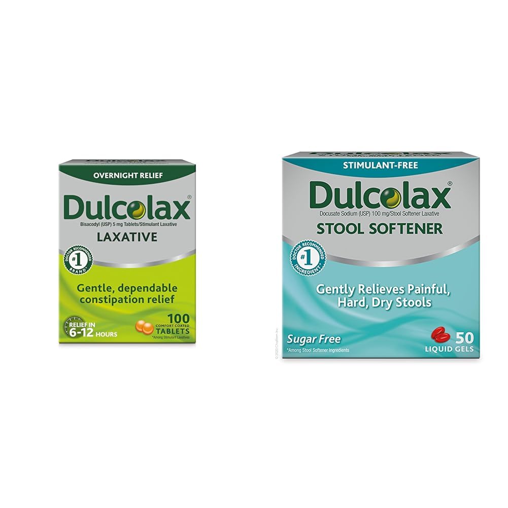 Dulcolax Stimulant Laxative Tablets (100 Count) Gentle Overnight Constolly Relief, Bisacodyl 5mg & Stool Softener Laxative Liquid Gel Capsules (50ct) Gentle Relief, Docusate Sodum 100mg